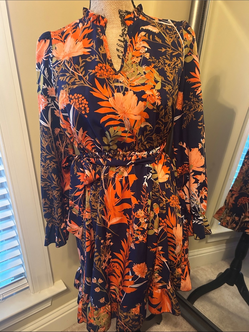 SHEIN Orange and Navy Floral Long Sleeve Dress